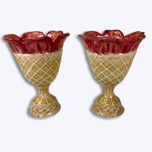 Waffle Cone Flower Petal Ice Cream Sundae Bowls Set 2 Red Ceramic Parfait Cup 6"